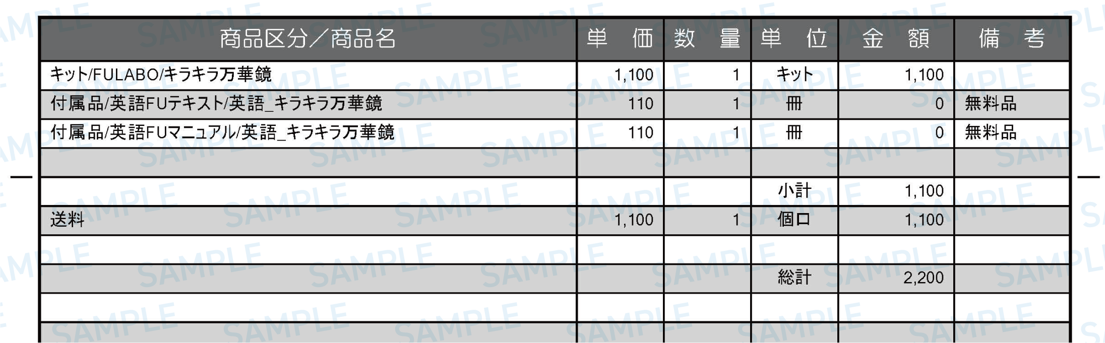 納品書のサンプル画像。