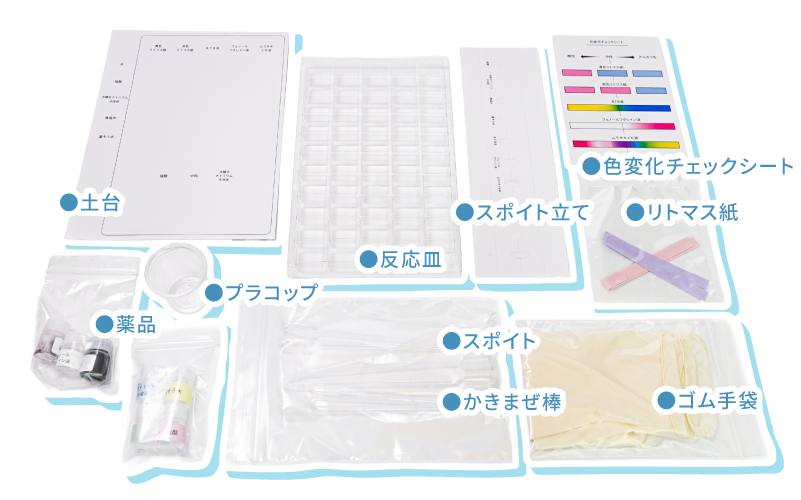 実験キットの内容物。フォアフロント、水溶液の性質の写真。
